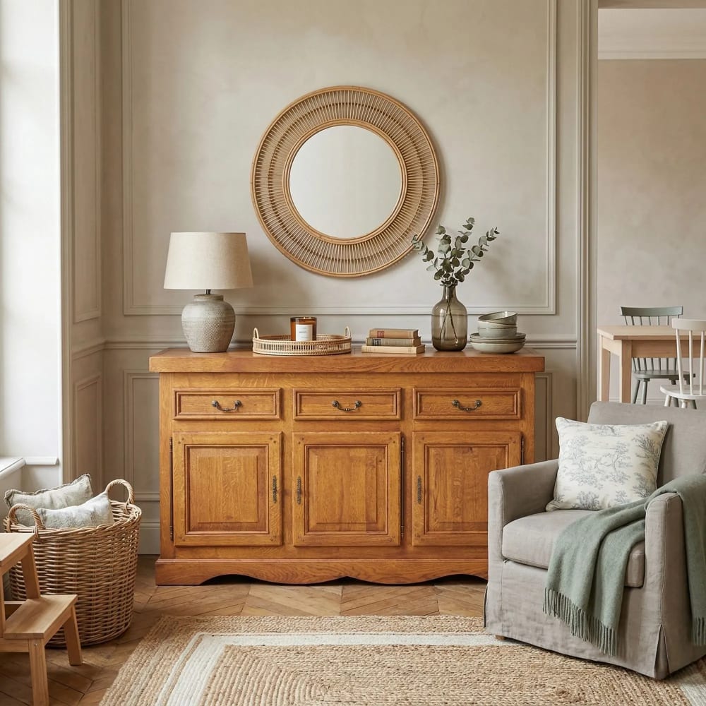 Bahut LA BRESSE tiroirs ouverts sur les rangements