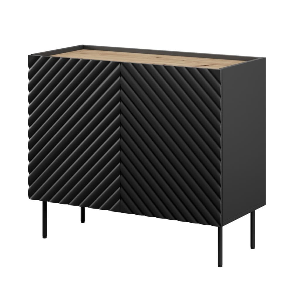 Petit bahut EMILE noir et bois 98 cm avec 2 portes à façades en relief 3D