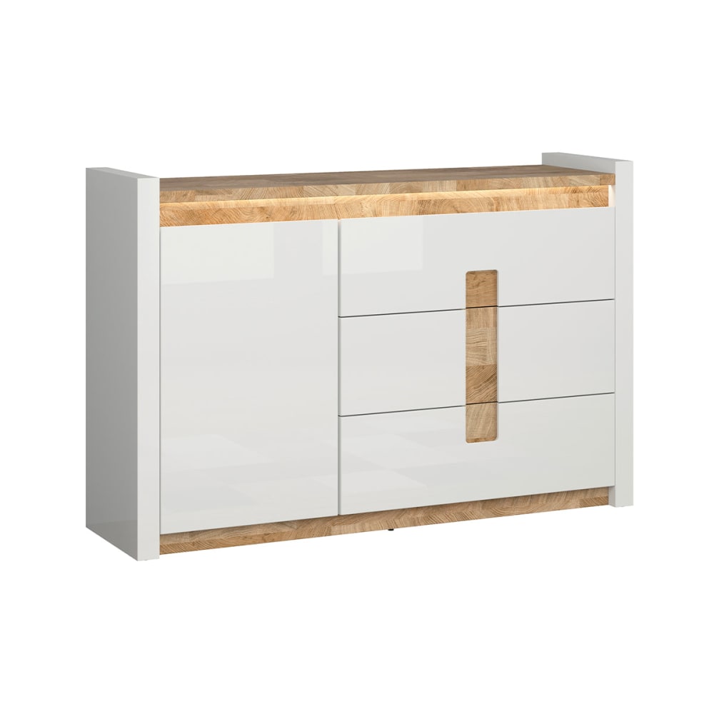 Buffet HELIOS blanc et bois avec LED 147 cm à 1 porte et 3 tiroirs
