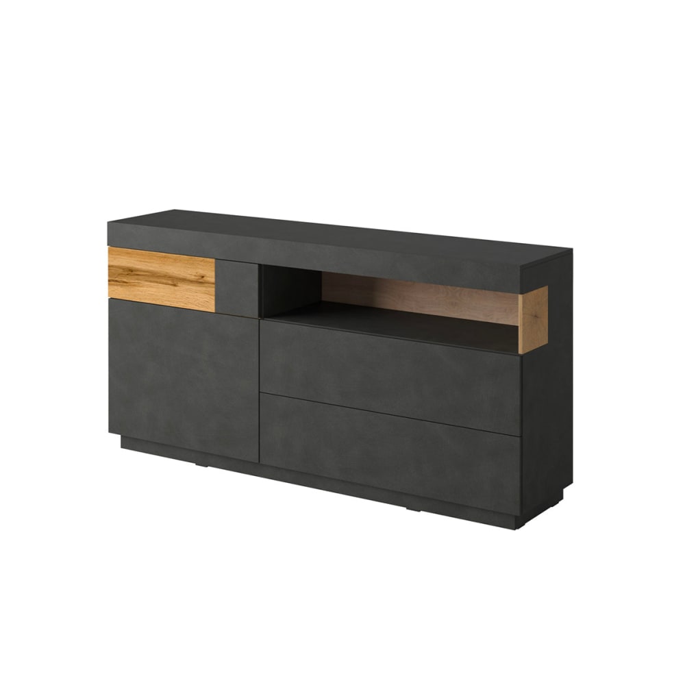 Buffet enfilade ANDREA gris anthracite effet béton et bois 169 cm avec niche et 3 tiroirs