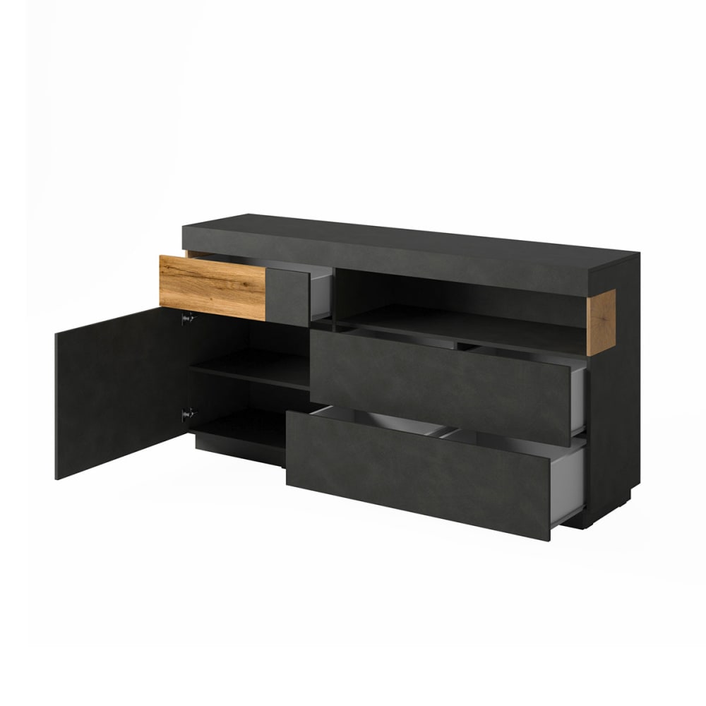 Buffet ANDREA tiroirs ouverts sur son rangement