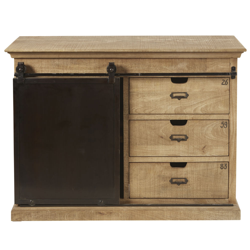 Buffet GERMAIN en manguier massif et acier 116 cm avec porte coulissante et 3 tiroirs