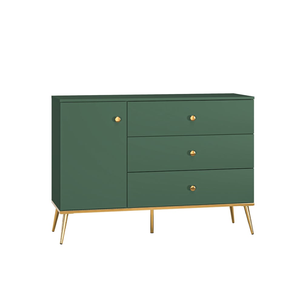 Buffet bas THALIA vert mat 1 porte et 3 tiroirs poignées dorées 120 cm