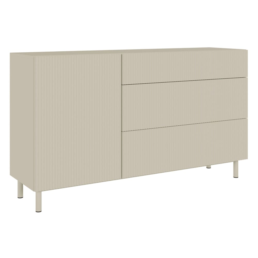 Buffet VELDIO greige 140 cm à façade rainurée avec 3 tiroirs et 1 porte