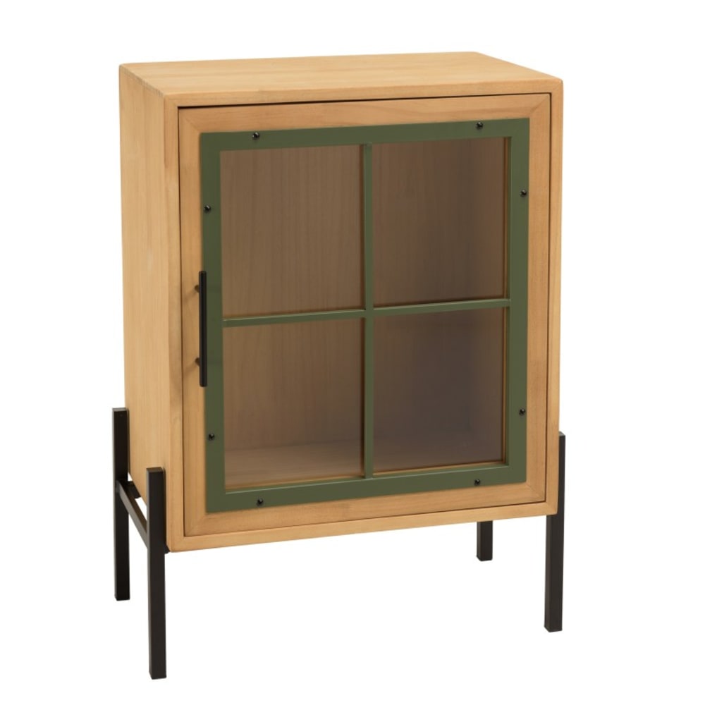 Petit buffet vitrine HELENA vert pin et métal noir 58 cm
