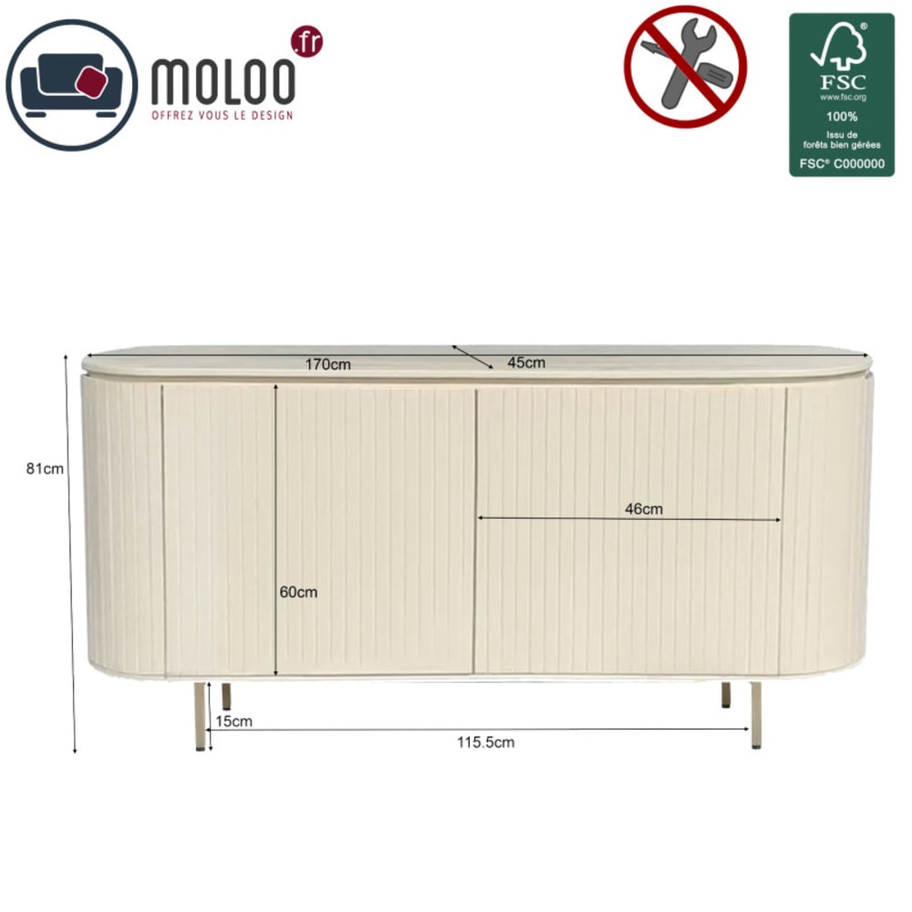 Vue des côtés galbés du buffet MOLOO