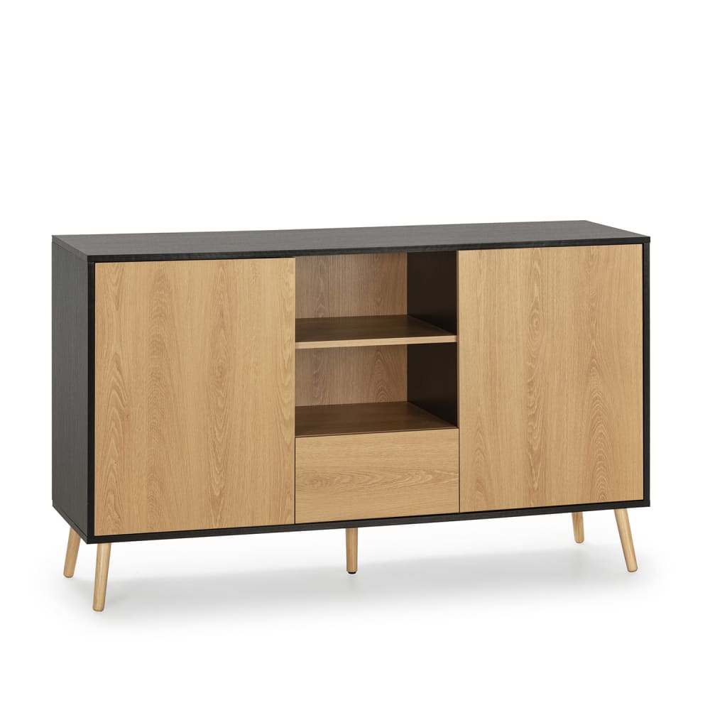 Buffet bahut APOLO noir et chêne 2 portes 1 tiroir et 2 niches 136 cm