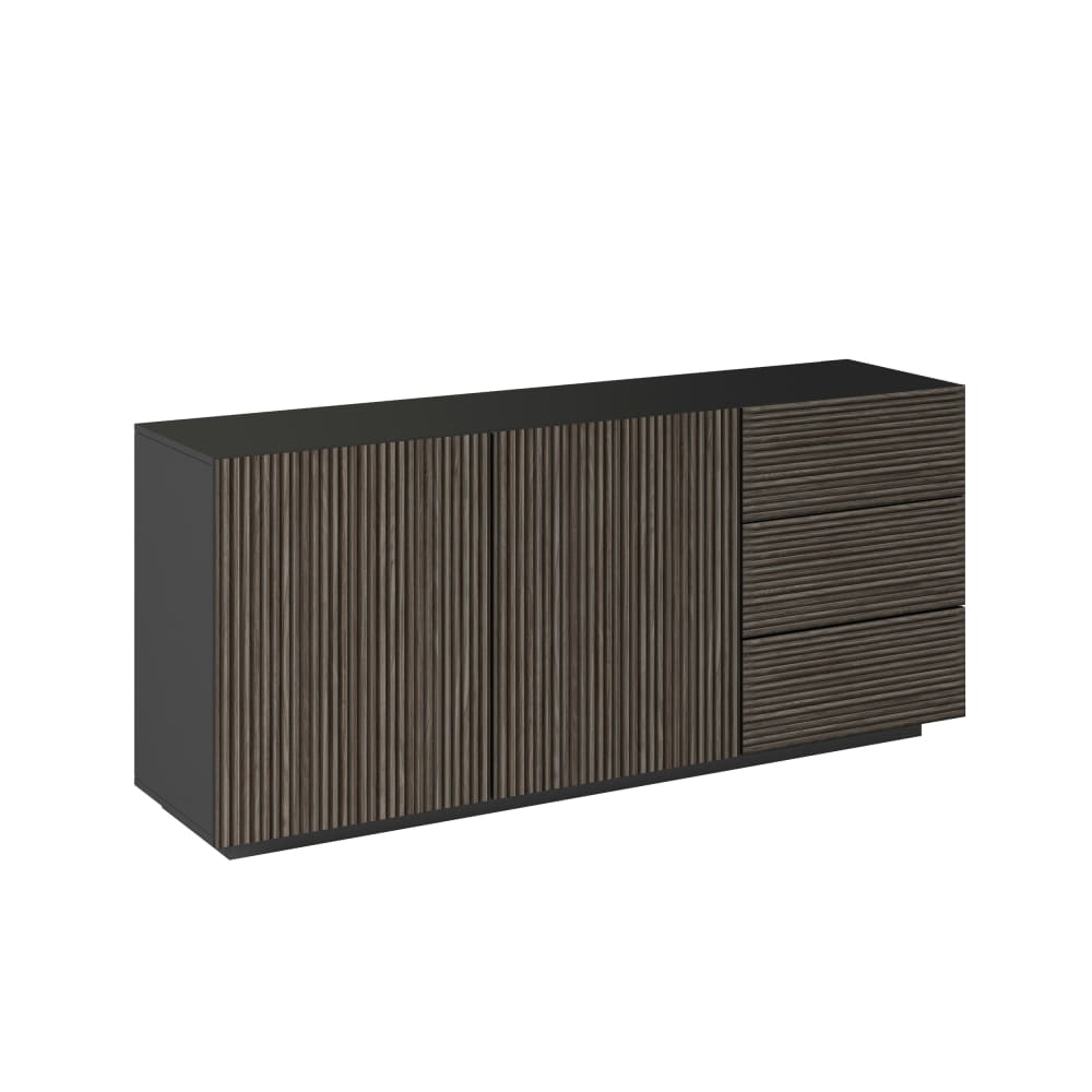 Buffet cannelé 2 portes et 3 tiroirs anthracite et bois foncé 180 cm - COSTE