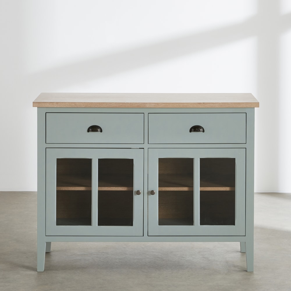 Buffet vaisselier BEAUMONT vert de gris 110 cm avec portes vitrées et 2 tiroirs
