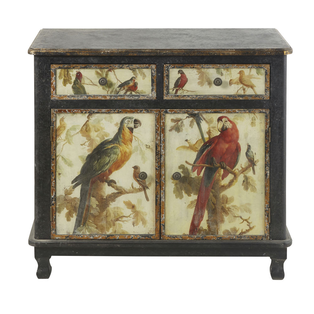 Petit buffet vitrine PERROQUET noir imprimé perroquets 86 cm