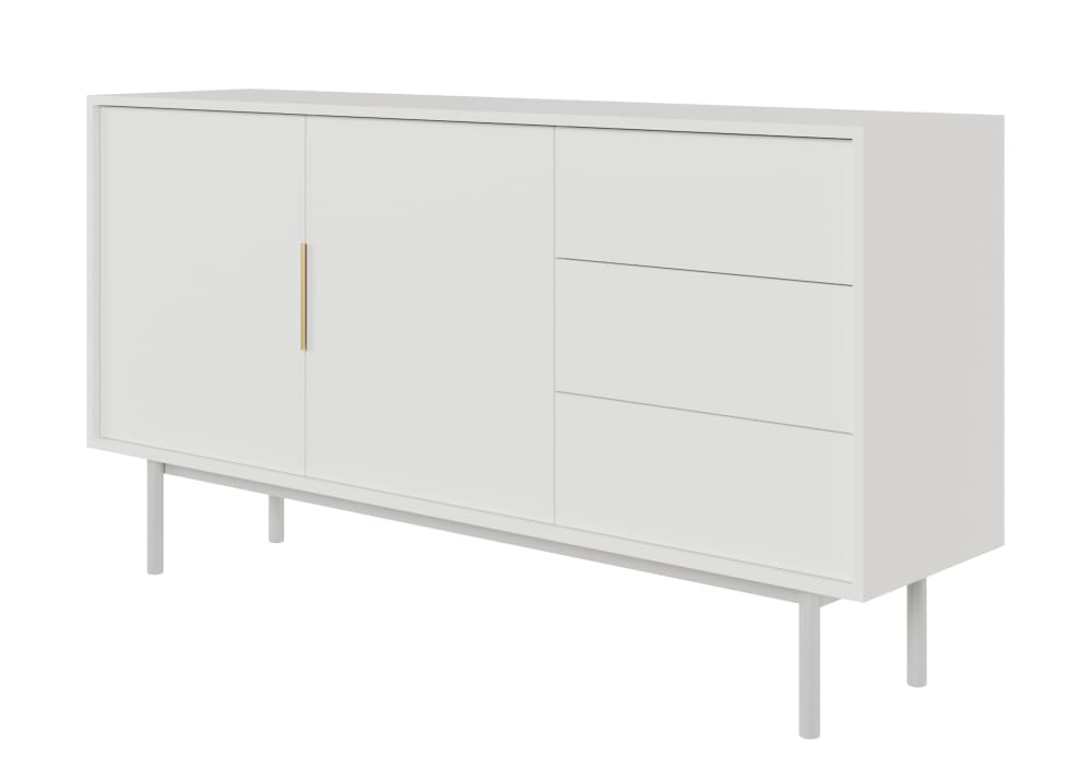 Buffet VIVIARO blanc 154 cm avec 2 portes 3 tiroirs et poignées dorées