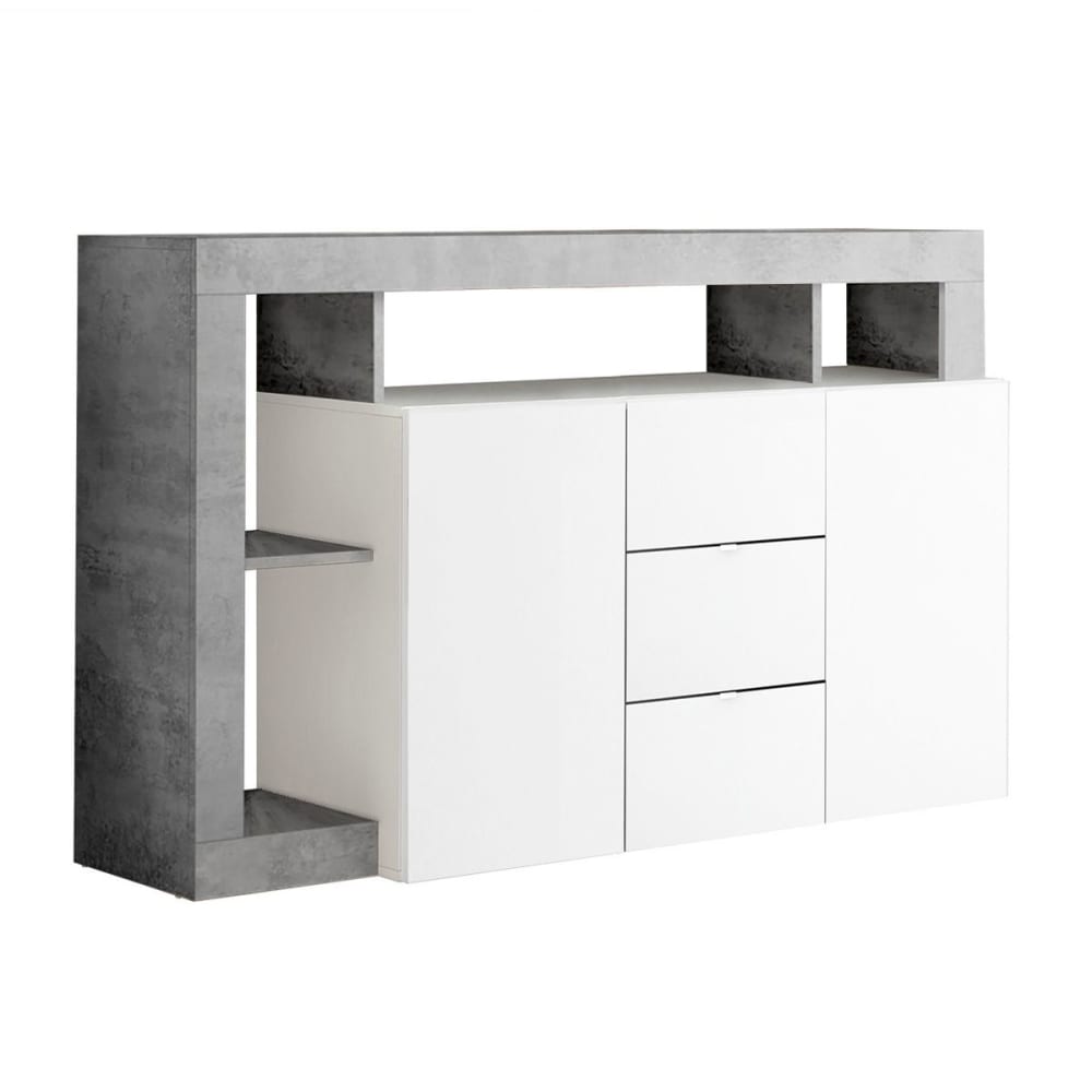 Buffet ARTURO blanc laqué et niches effet béton 146 cm avec 2 portes et 3 tiroirs
