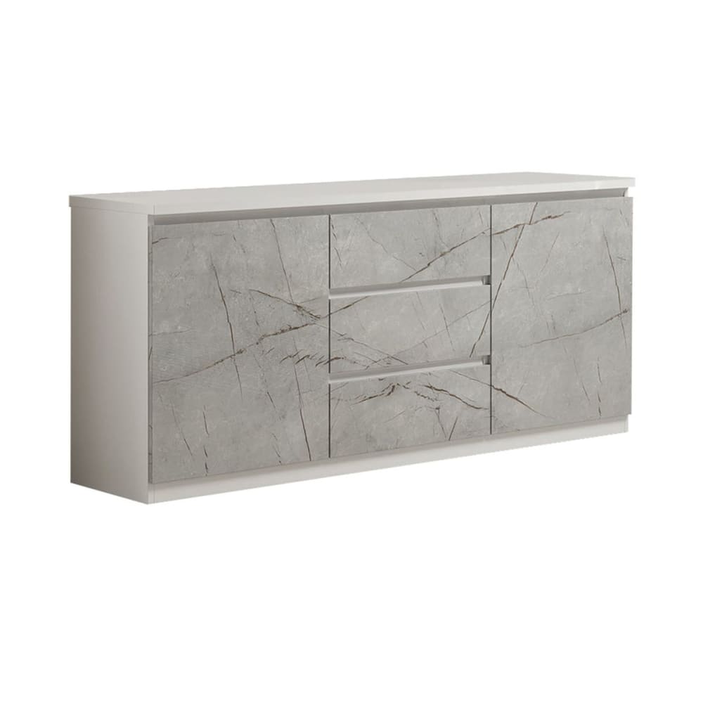 Buffet enfilade DEYTON laqué blanc et gris marbré 165 cm avec 2 portes et 3 tiroirs