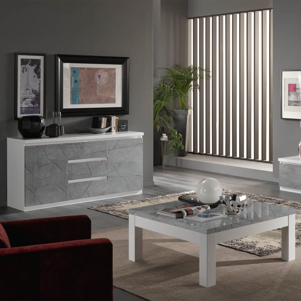 Détail de la laque gris marbré du buffet DEYTON
