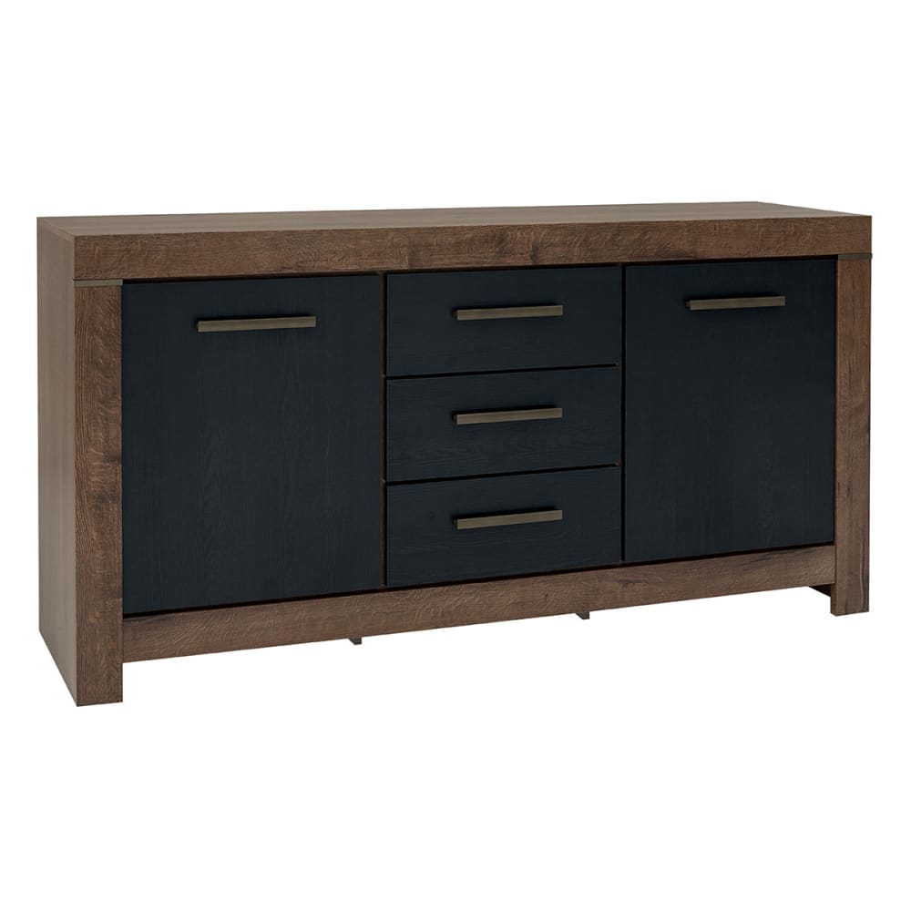 Buffet bahut ADAM noir et chêne foncé 160 cm avec 2 portes et 3 tiroirs