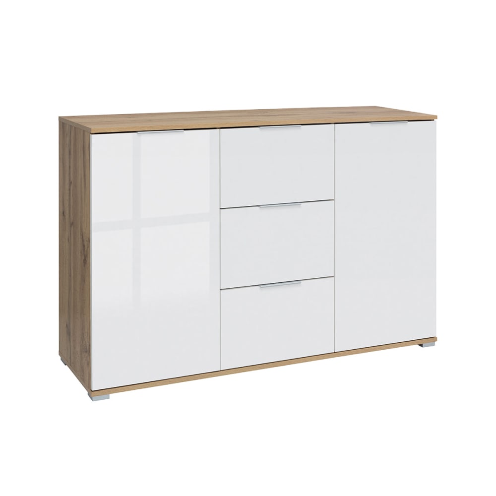 Buffet bahut SELMA blanc laqué et chêne 135 cm avec 2 portes et 3 tiroirs