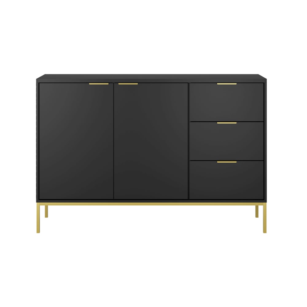Buffet haut SEATTLE noir 150 cm avec 2 portes 3 tiroirs et pieds dorés