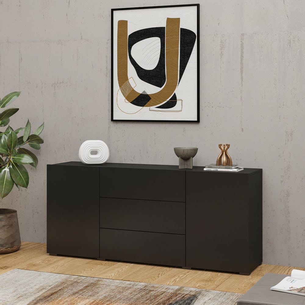 Détail des trois tiroirs noirs du buffet GLORA