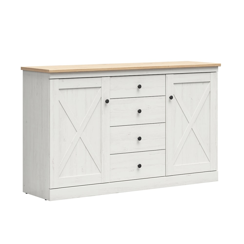Buffet bahut VICTORIA blanc patiné et chêne 153 cm avec 4 tiroirs