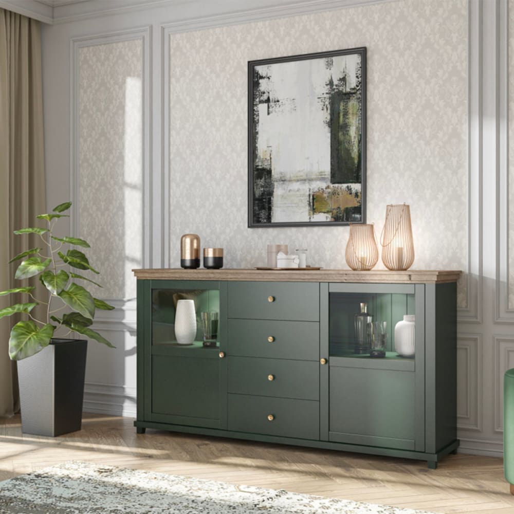 Détail des portes vitrées du buffet vert MARTIN