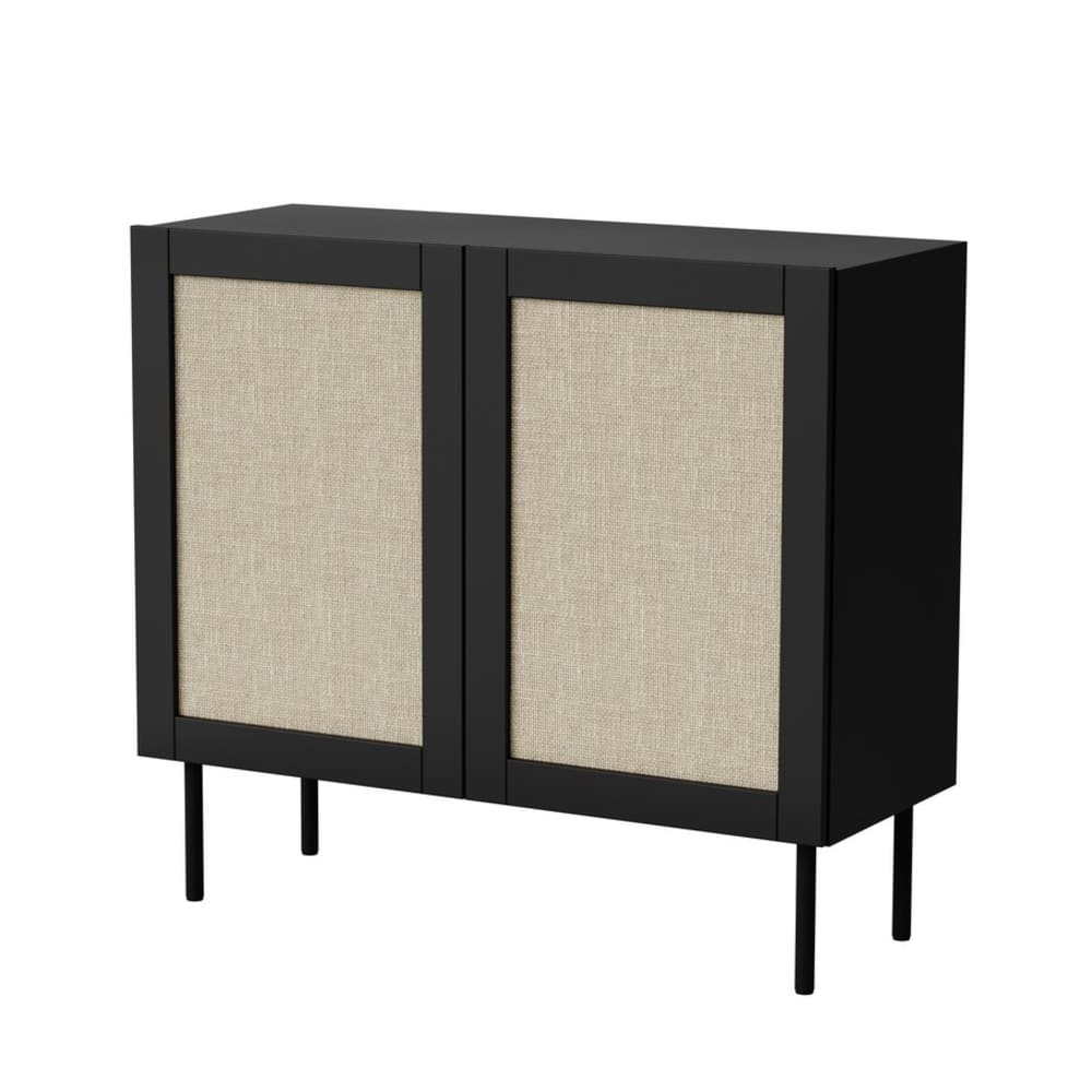 Petit buffet ROTA noir mat 100 cm avec 2 portes en rotin tressé