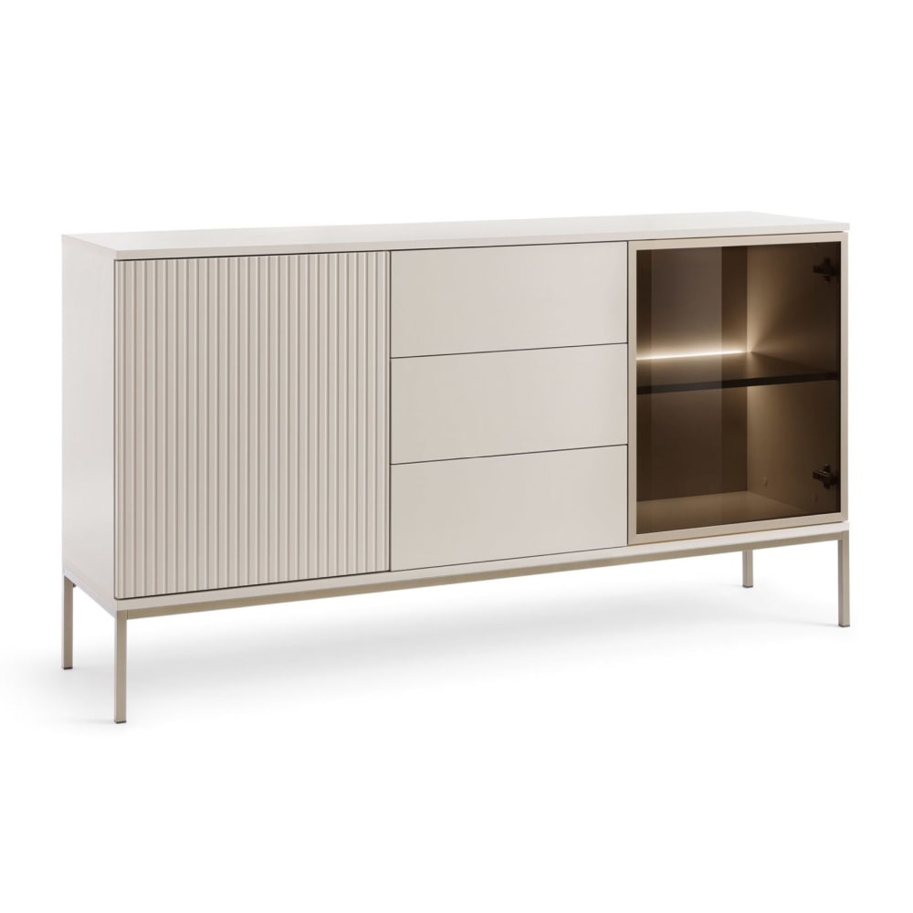 Buffet vitrine TOSENA grège 154 cm avec éclairage LED et porte vitrée