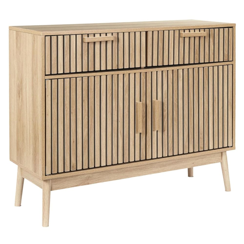 Petit buffet japandi PAJAN effet bois à tasseaux 100 cm avec 2 portes