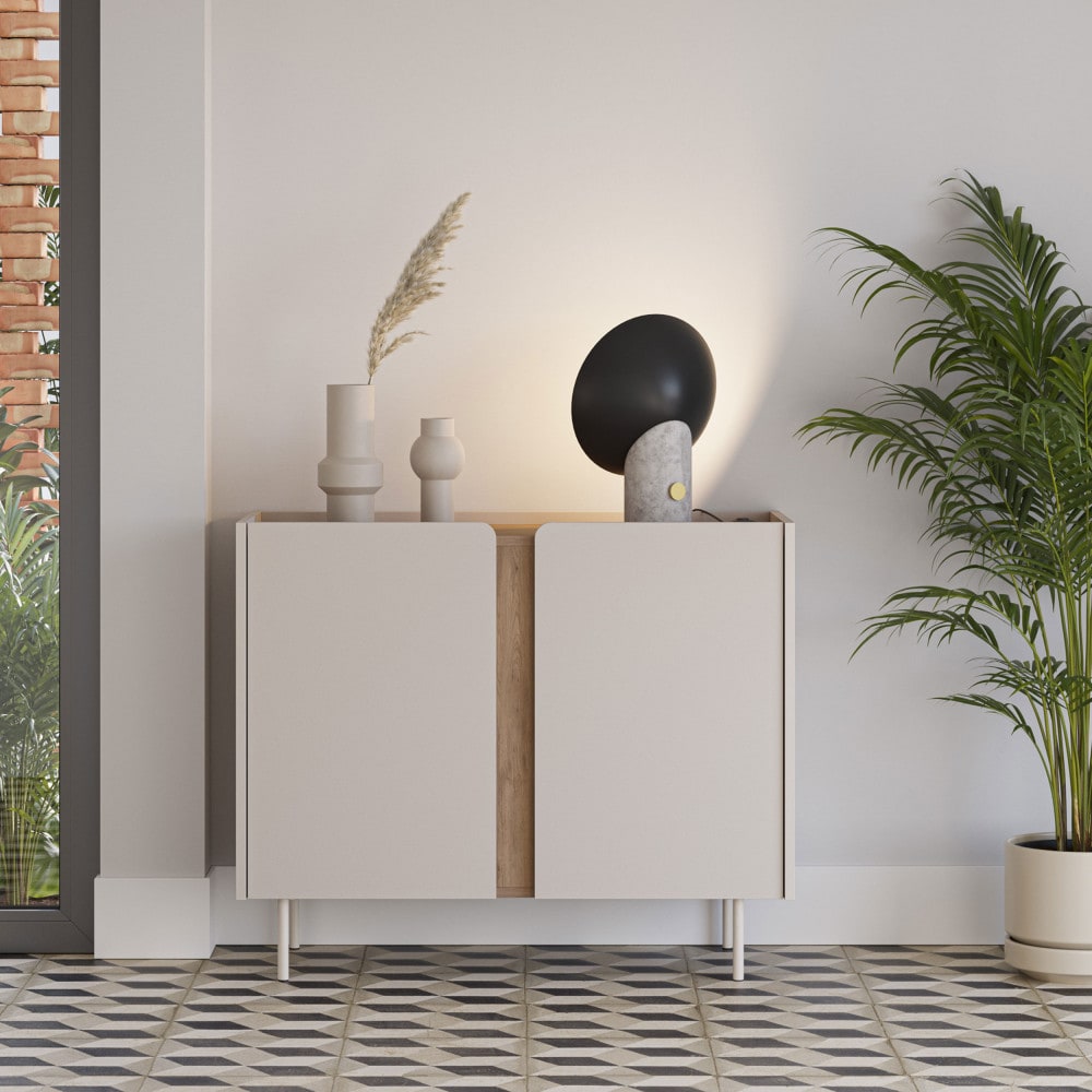 Détail de la façade sans poignées du buffet BOXY