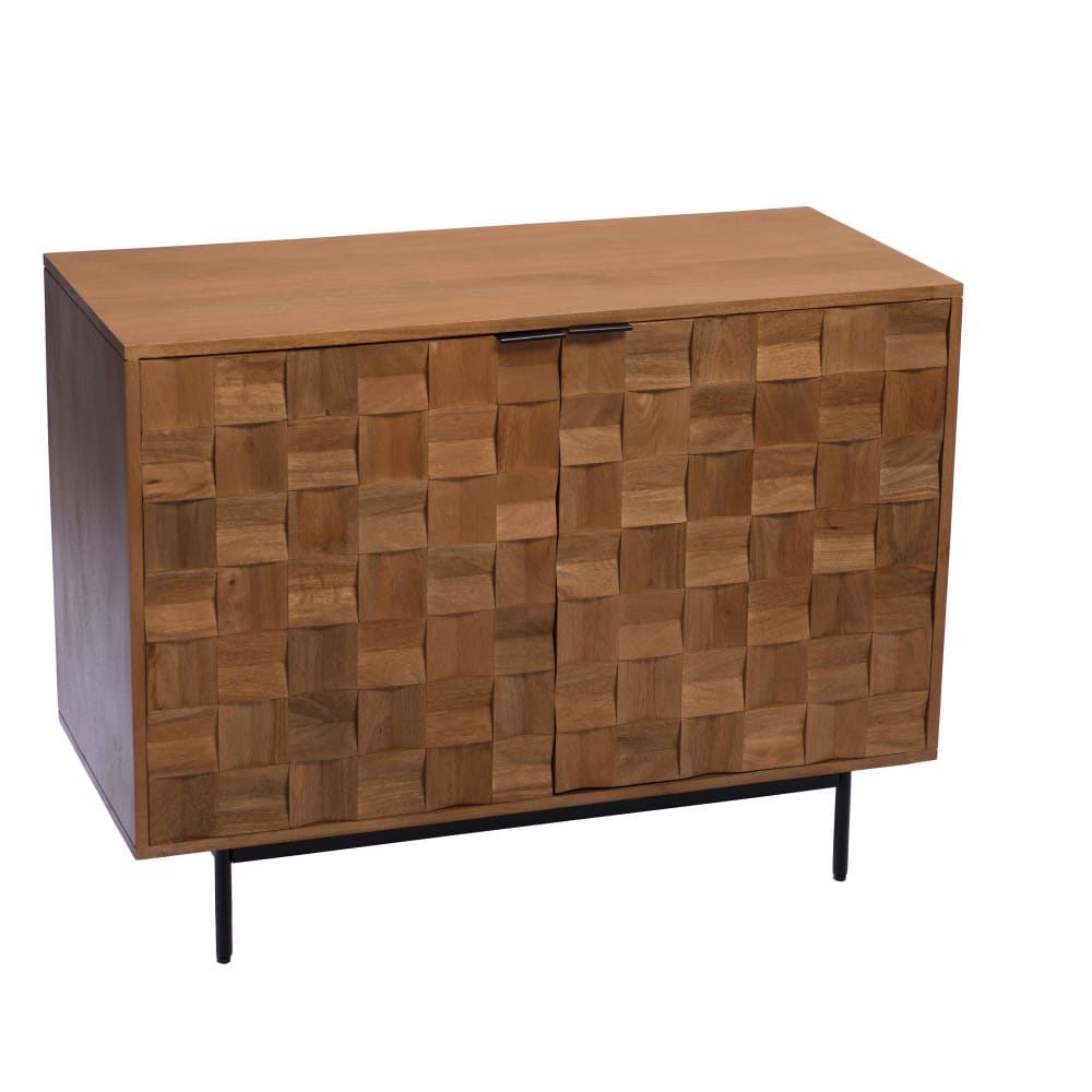 Petit buffet ARNOLD en manguier et métal 100 cm avec portes sculptées
