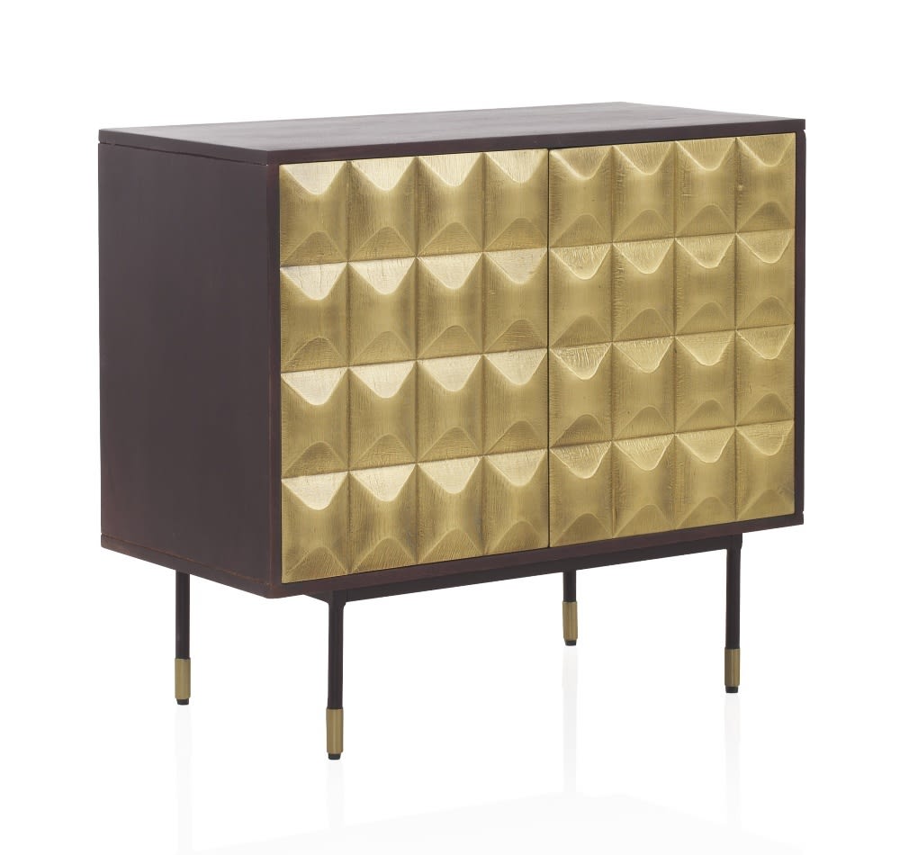 Petit buffet GEESE HOME en manguier massif wengé 85 cm avec façade en laiton doré