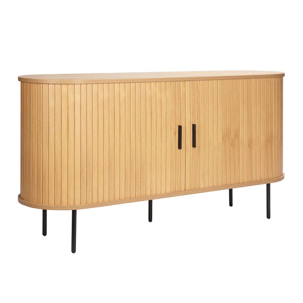 Buffet MARIUS 140 cm beige avec façades effet lattes et pieds acier