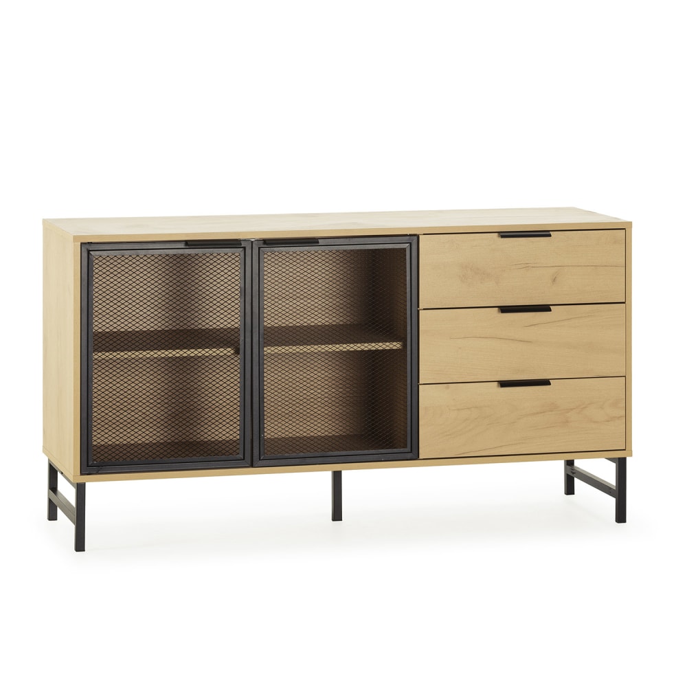 Buffet ISIS effet chêne 130 cm avec portes en métal grillagé noir