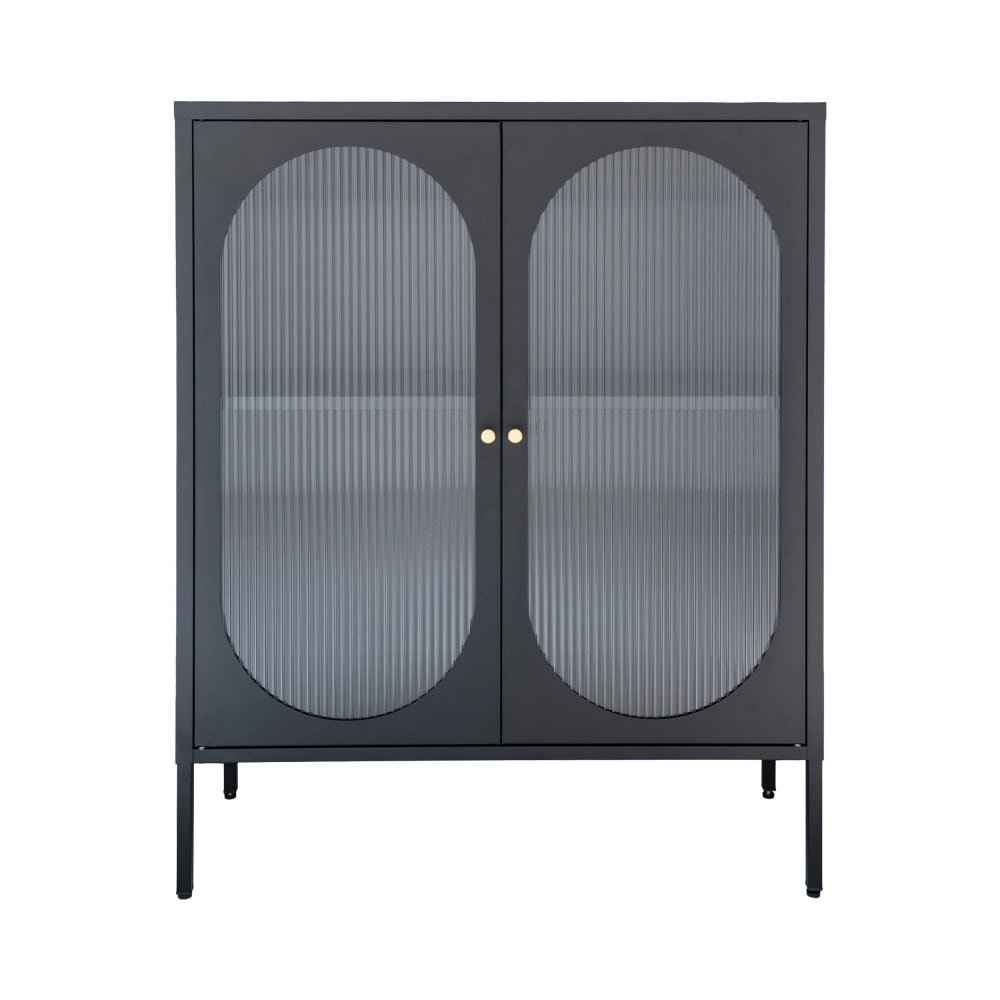 Buffet vitrine ADELAIDE en verre strié et métal noir 90 cm