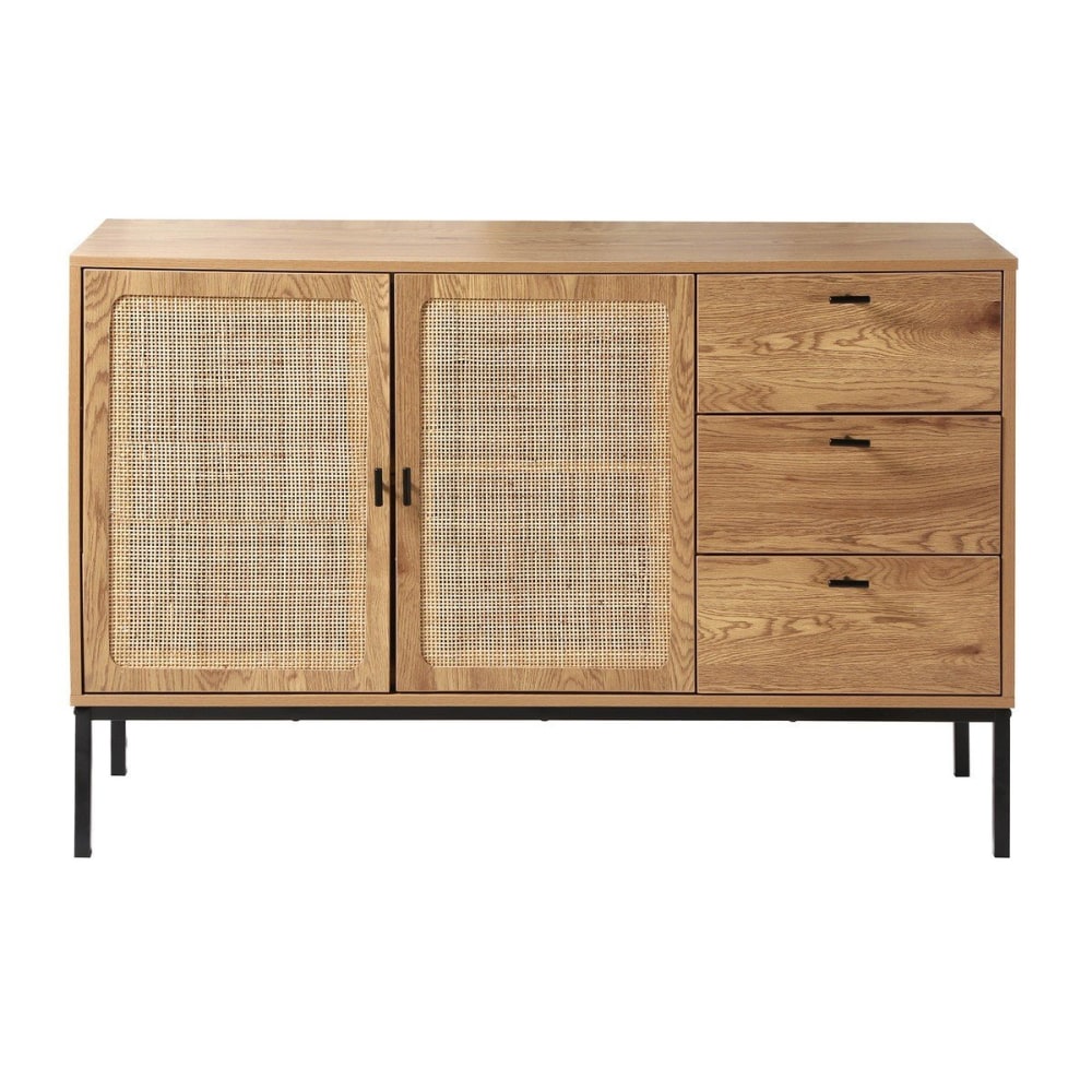 Buffet JAYA 2 portes en rotin naturel et 3 tiroirs décor bois de 120 cm
