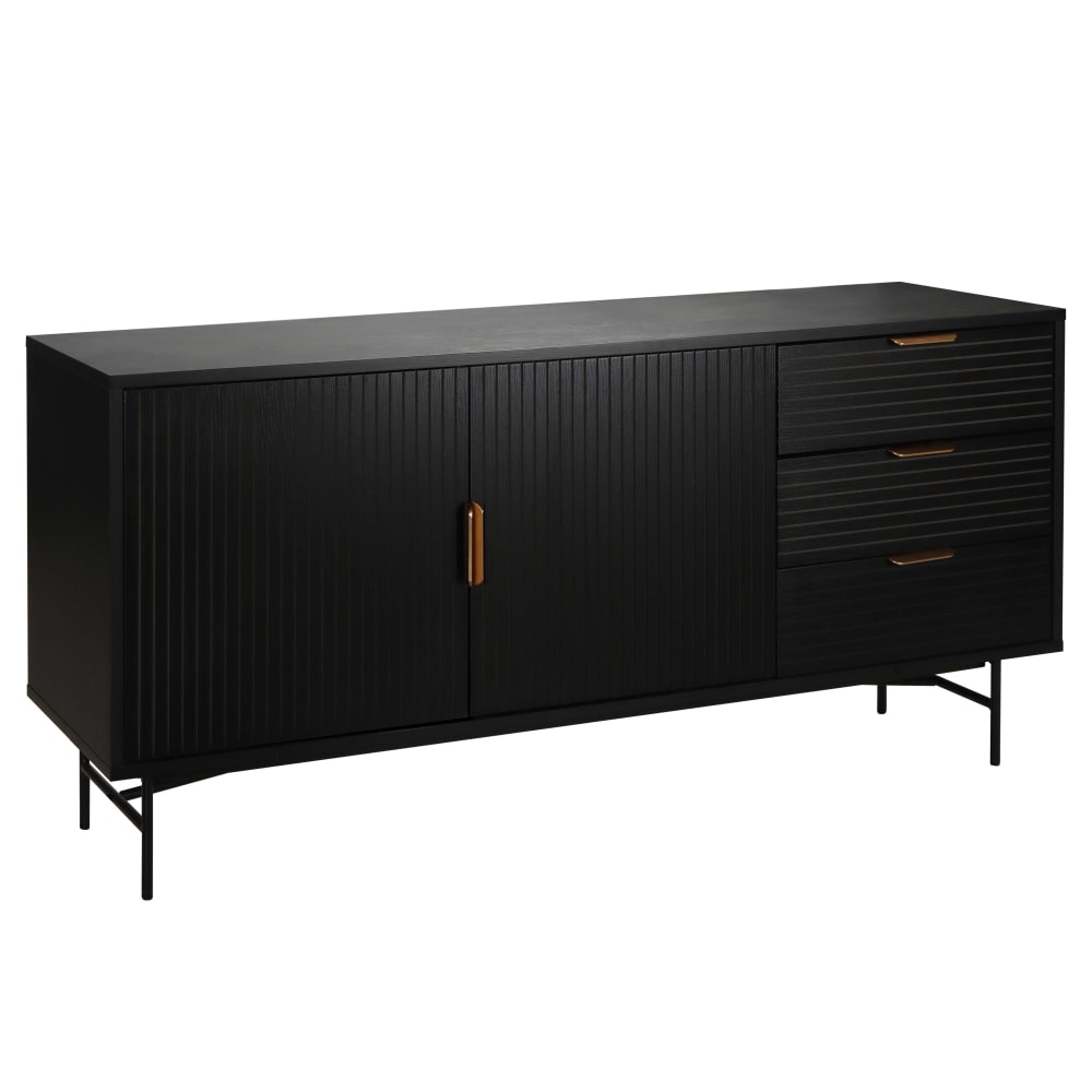 Buffet enfilade GABIN noir 160 cm avec 2 portes 3 tiroirs et pieds en acier