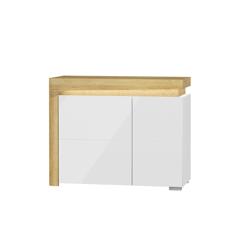 Buffet TEO blanc brillant et effet bois 102 cm avec LED