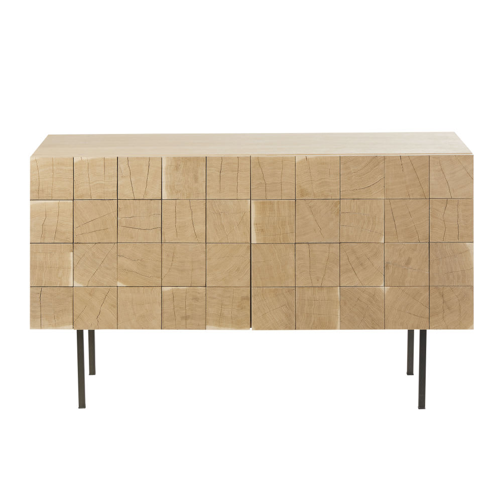 Buffet MAGNUS en placage chêne effet damier 125 cm avec pieds métal noir