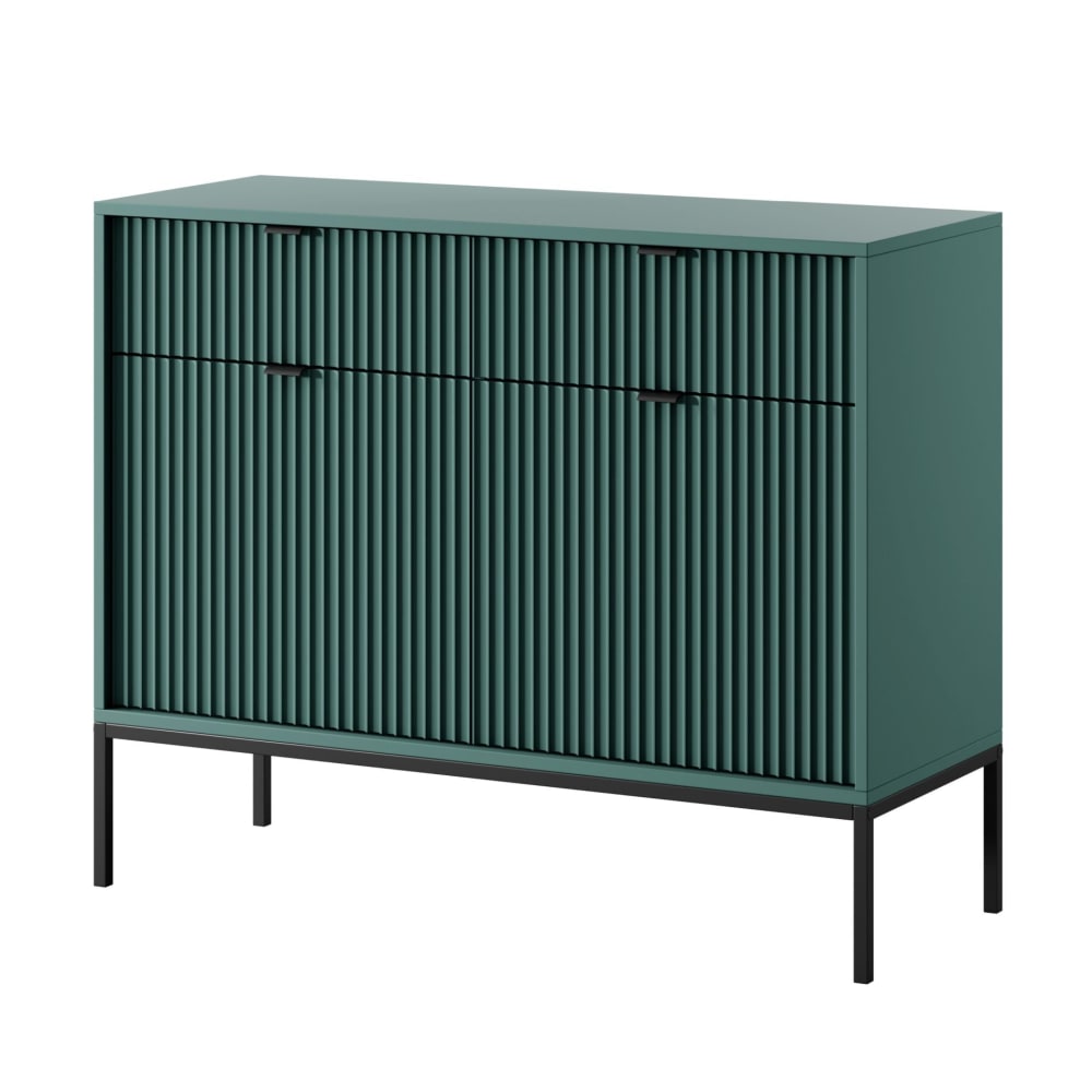 Buffet VELLORE vert cannelé 104 cm avec 2 portes et pieds noirs