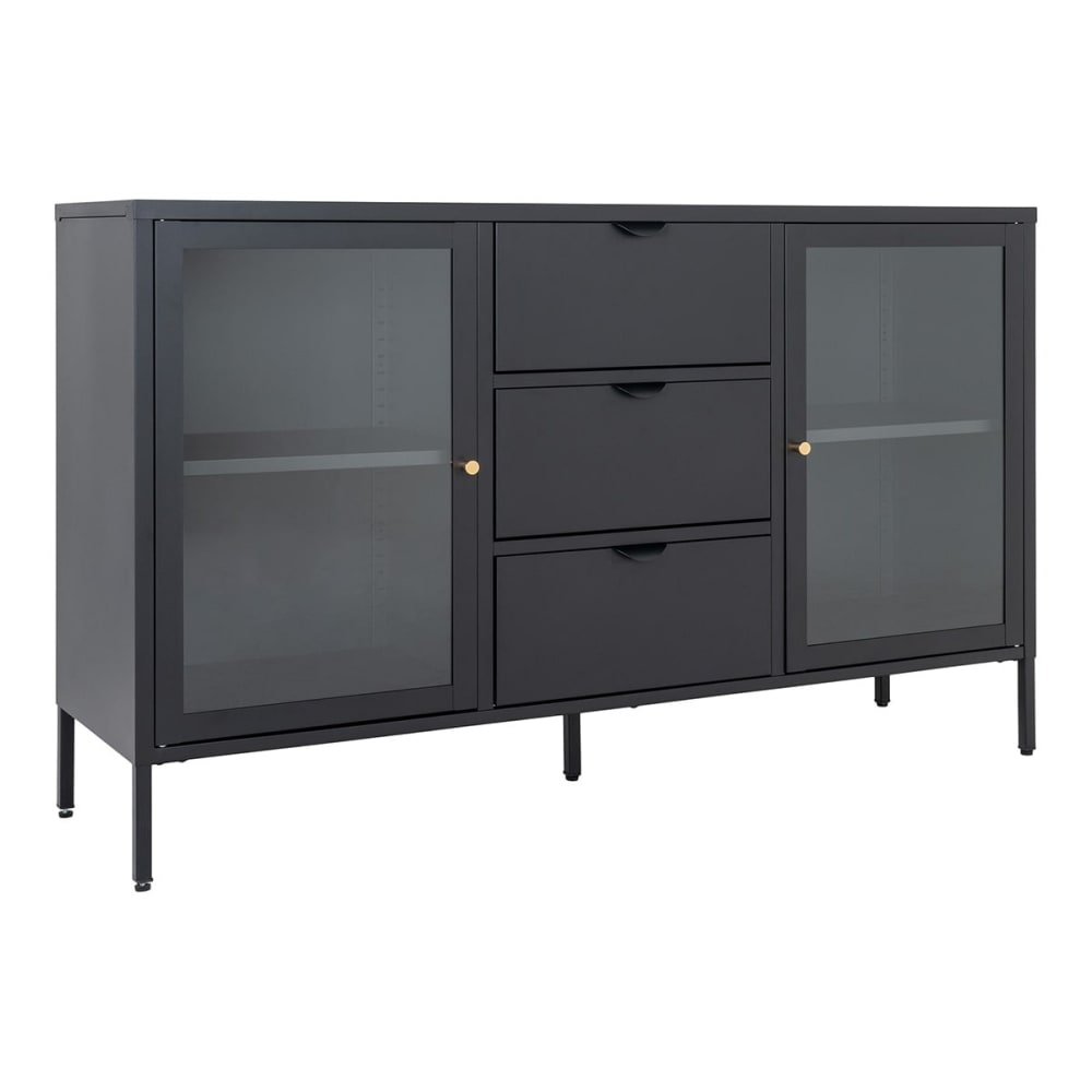 Buffet HUGO 2 portes vitrées et 3 tiroirs en métal laqué noir de 140 cm