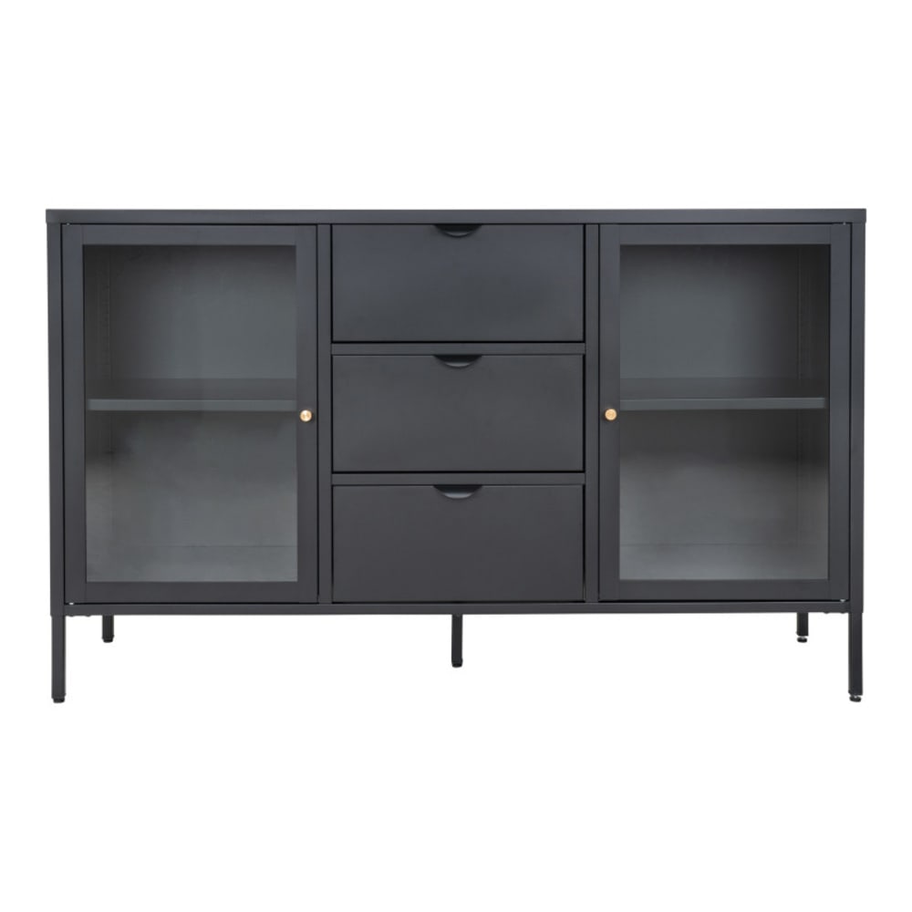 Buffet vitrine CITY en métal noir 2 portes vitrées et 3 tiroirs 140 cm