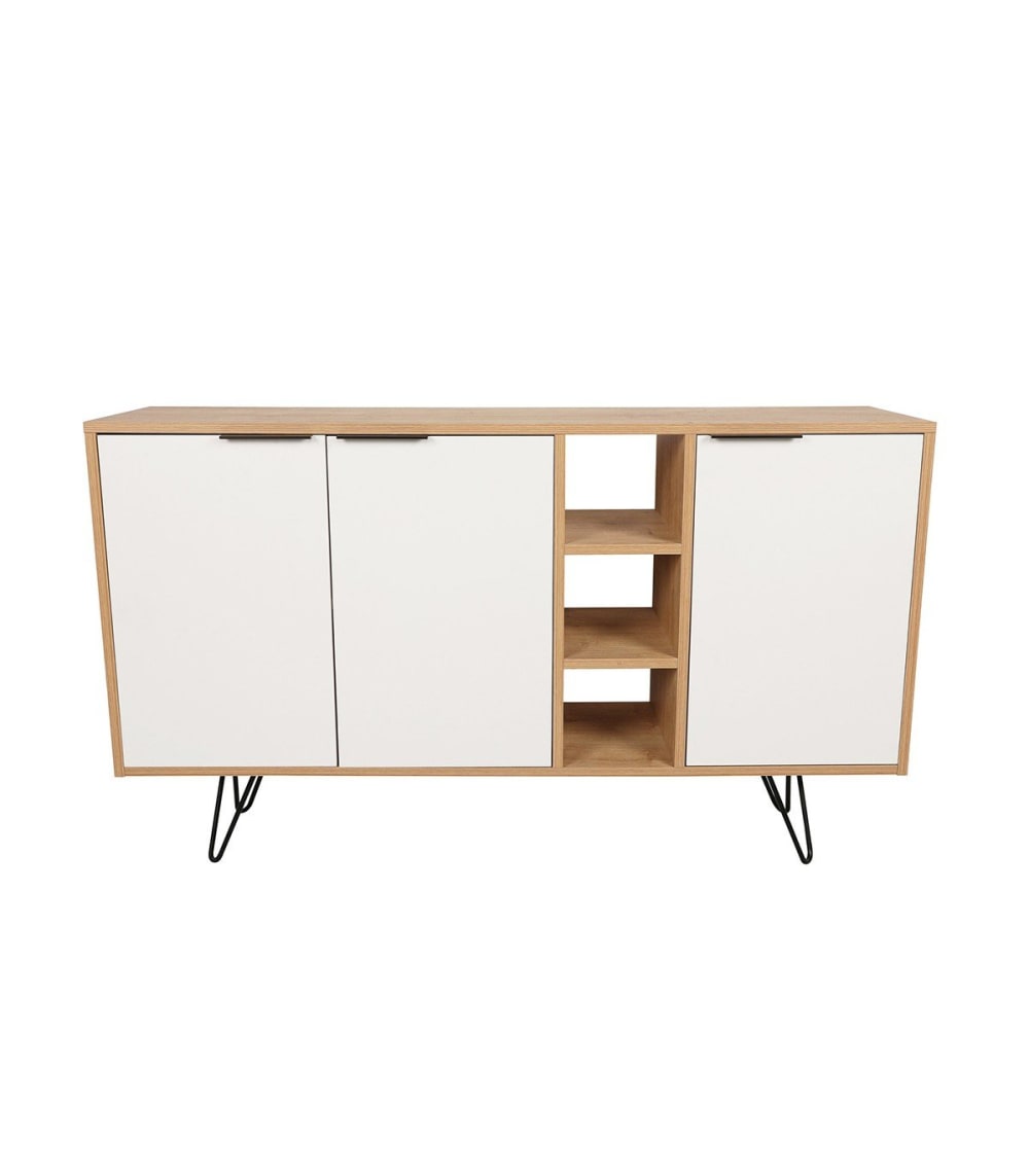 Buffet CLARA blanc et décor chêne 142 cm avec 3 portes et 3 niches