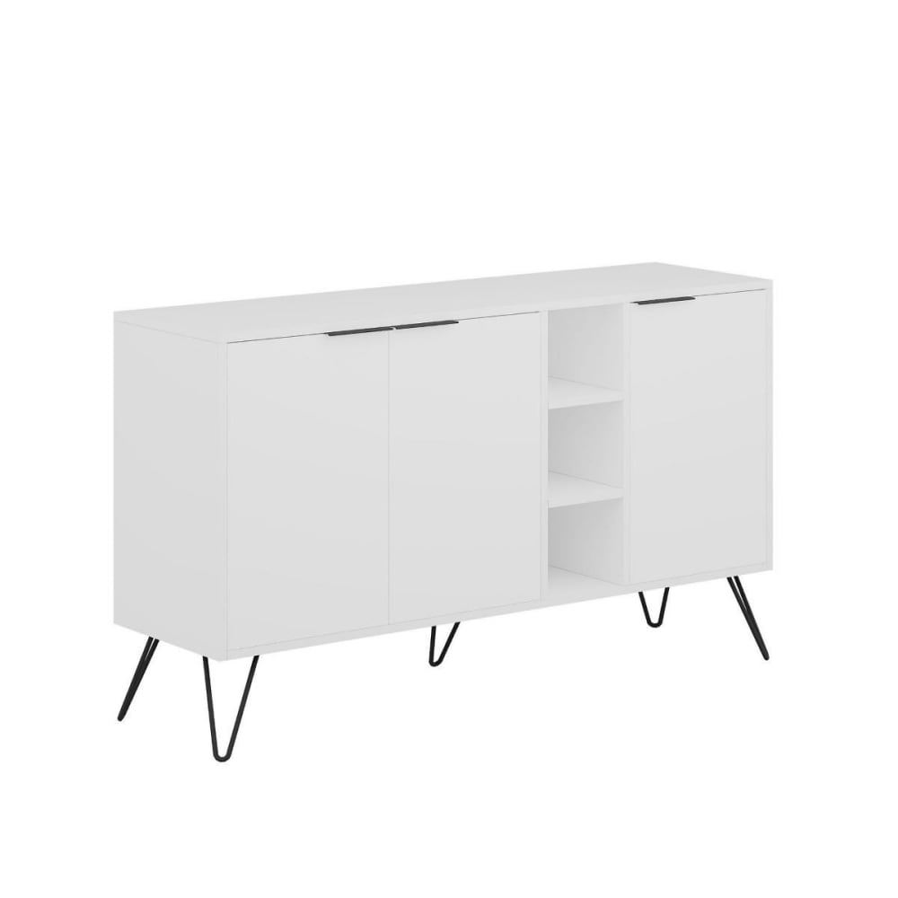 Buffet CLARA blanc 142 cm avec 3 portes 3 niches et pieds métal