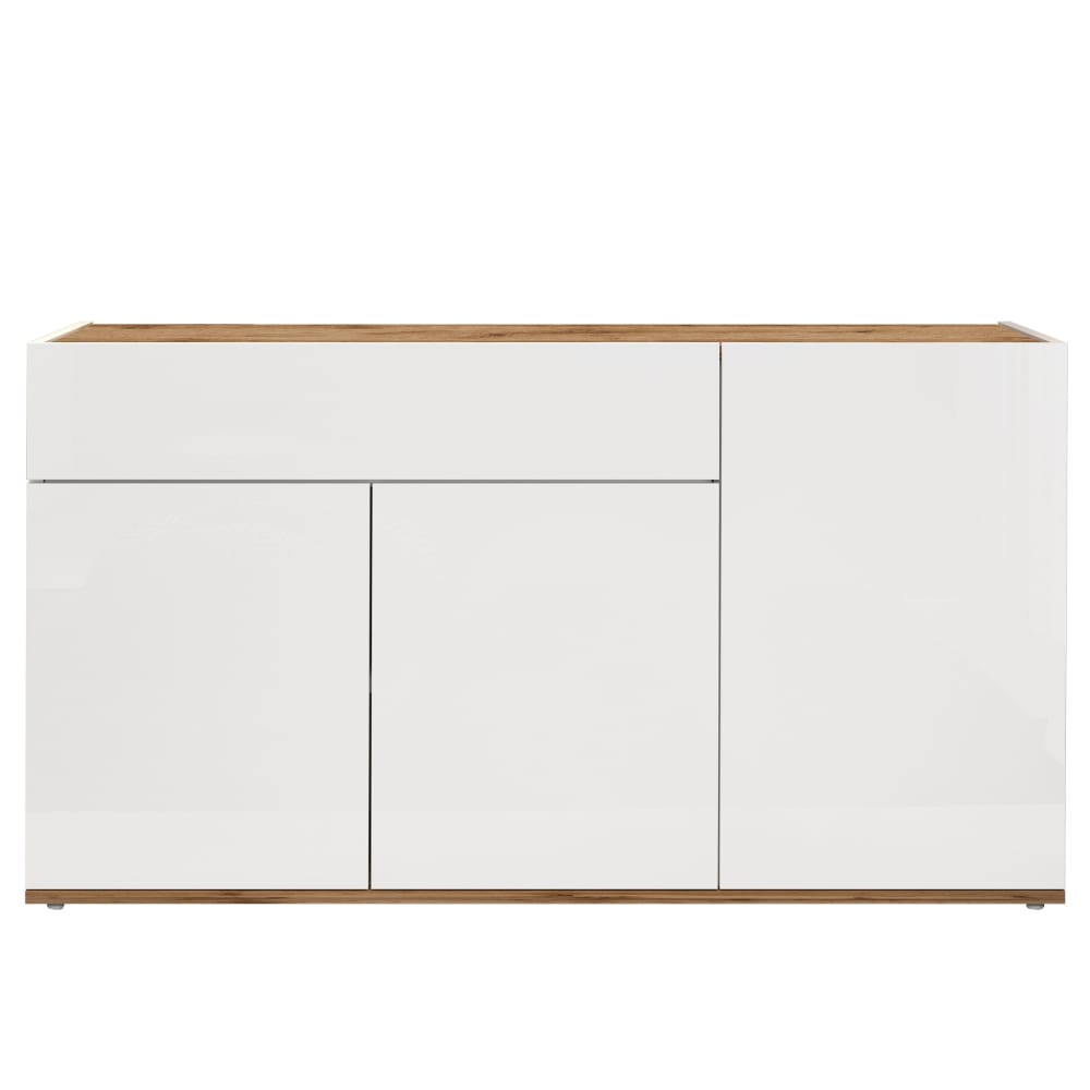 Buffet GARDA 3 portes et 1 tiroir blanc brillant et chêne 120 cm