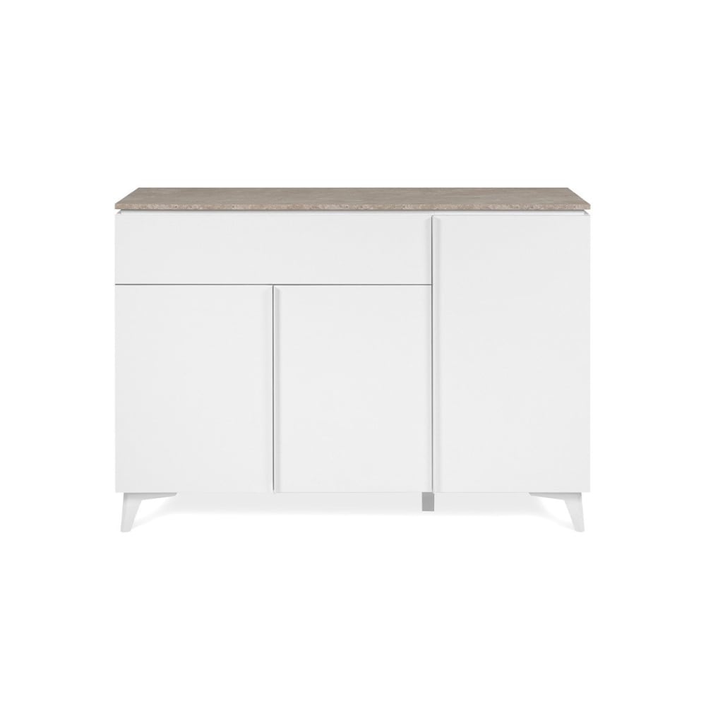 Buffet BERTRIX blanc 133 cm avec plateau effet travertin 3 portes et 1 tiroir