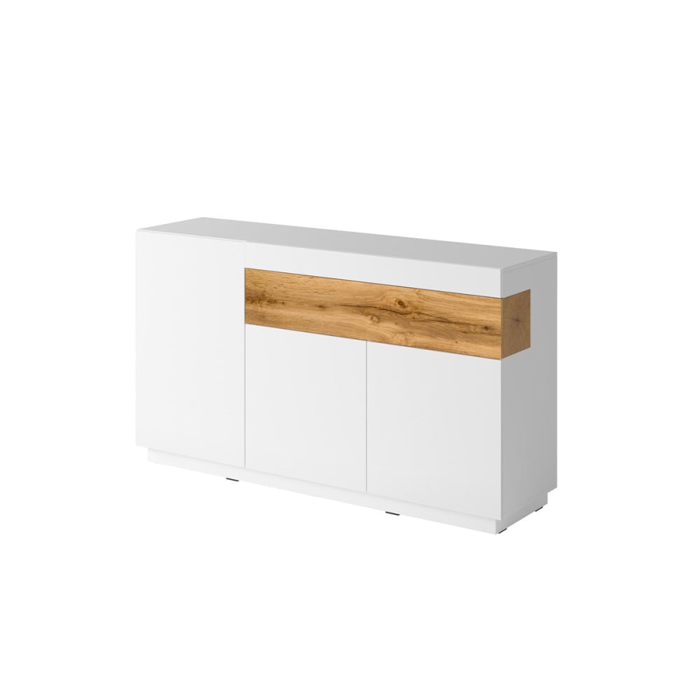 Buffet bahut ANDREA blanc laqué et chêne Wotan 150 cm avec 3 portes et 1 tiroir