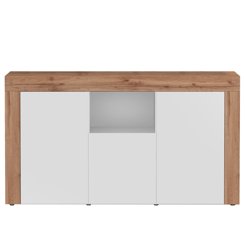 Buffet 3 portes et niche blanc brillant et chêne 155 cm - CHRONOS