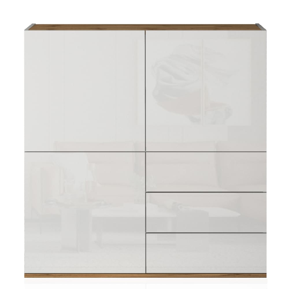 Vaisselier GARDA blanc brillant et chêne 102 cm à 3 portes et 3 tiroirs