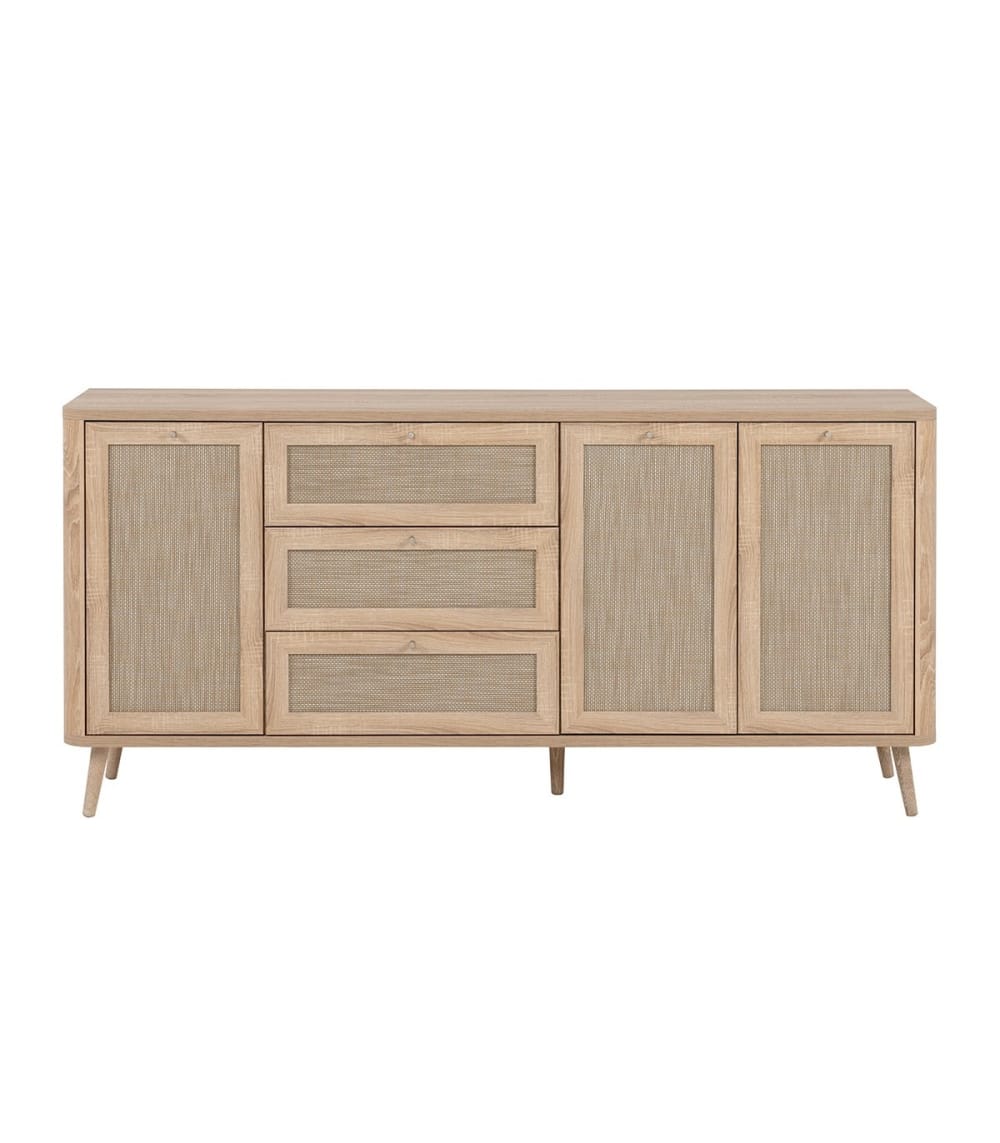 Grand buffet KUTA cannage noir et beige 3 portes 3 tiroirs 175 cm