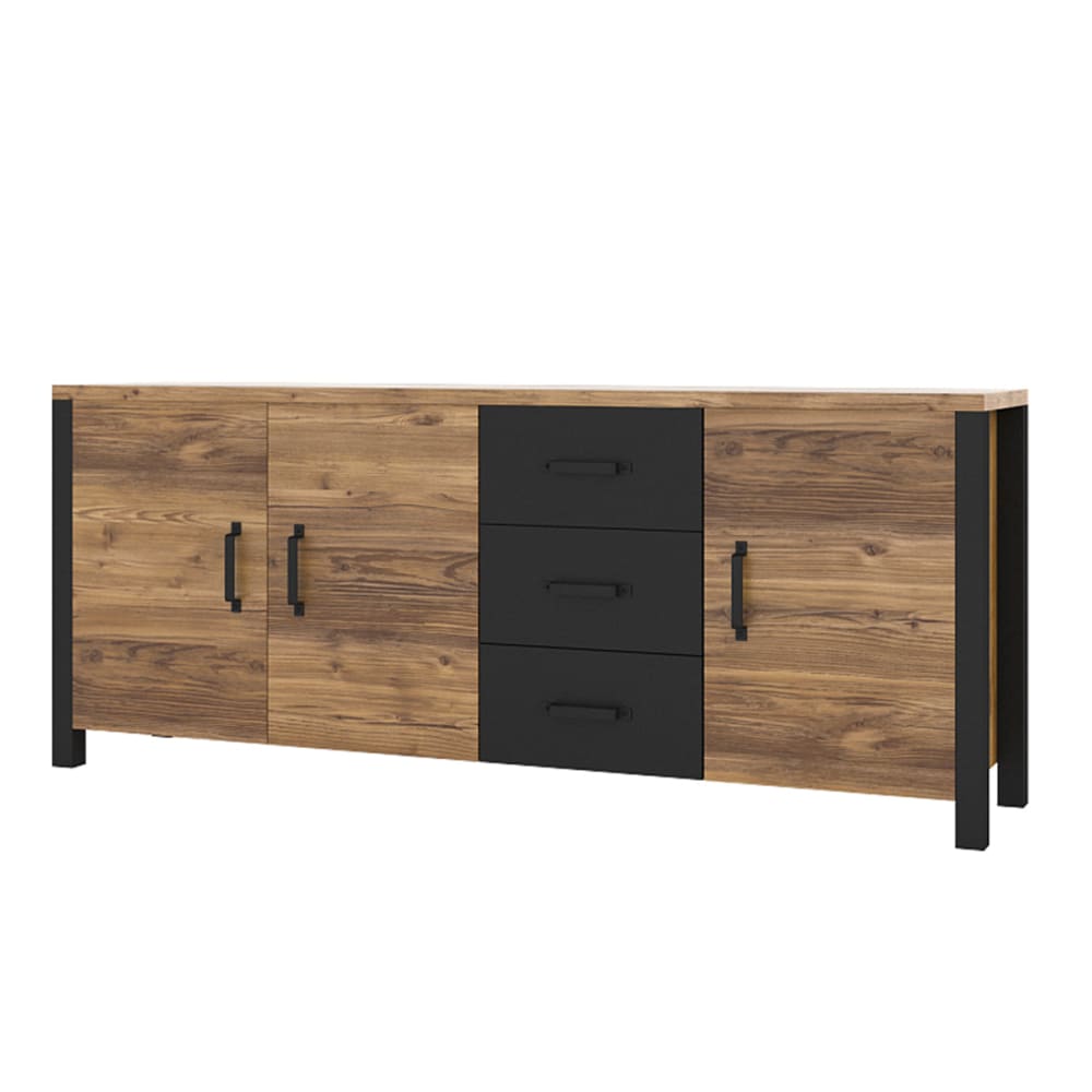 Grand buffet LYAM effet épicéa et noir mat 192 cm avec 3 portes et 3 tiroirs