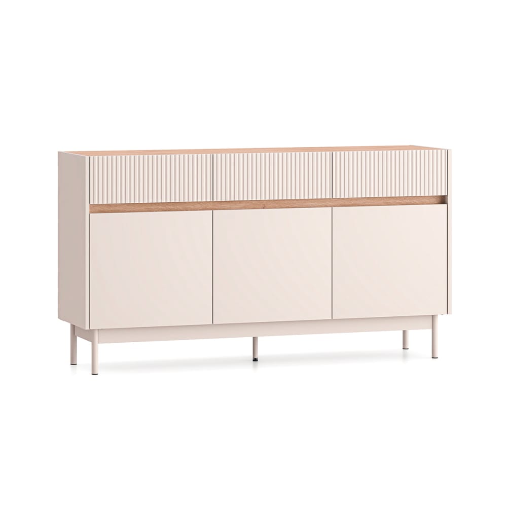 Buffet enfilade CONNIE beige et bois 153 cm à 3 portes et 3 tiroirs